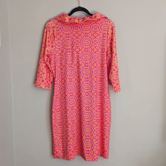 Gretchen Scott Pink & Orange Ruffneck Shift Dress Size L Knee Length 3/4 Sleeve - Picture 2 of 8